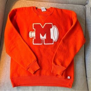 Vintage Russell Athletic Orange Crewneck Sweater with Letter M Patch megaphone